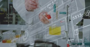 Laboratuvar teknisyeni kırmızı başlıklı şişeden, kablo cihazından ve dalga formunu kaydederek testi başlatıyor. Bilim adamı, deney, kesinlik, enstrümantasyon, analitik, yenilik, araştırma