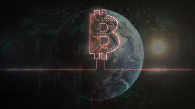 Kırmızı çizgi süpürme, neon bitcoin oluşumu ve devreler aydınlatma, gezegen dönen görselleştirme kripto. Fütürist, teknoloji, dijital, siber alan, yenilik, soyut, veri