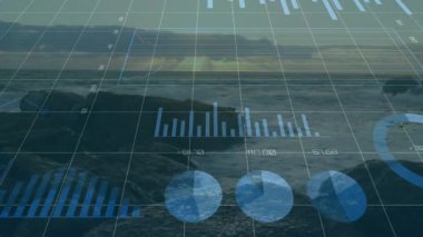 Çubuk, pasta, halka ve çizgi çizelgelerinde alacakaranlık kıyı şeridinde veri kaybına yol açan şebeke örtüsü. Veri görselleştirme, okyanus, günbatımı, soyut, dijital, analitik, teknoloji