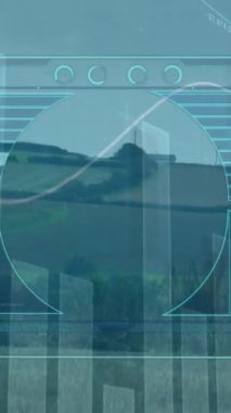 Rüzgar türbini üzerinde veri işleme animasyonu. Ekoloji, bilgisayar ve dijital arayüz kavramı dijital olarak oluşturulmuş video.