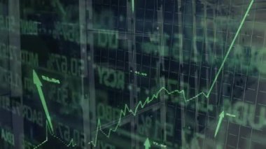 Şebeke solmaktadır. Çizgiler kayar, çizgiler sallanır, çubuklar yükselen oklar dalgalanmayı gösterir. Finans, veri, analitik, teknoloji, yatırım, dijital, kurumsal