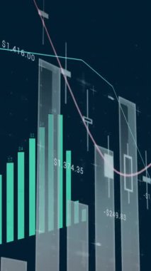 Grafikler ve grafikler üzerinden mavi grafiğin animasyonu siyah arkaplan üzerindeki verileri işliyor. Dijital olarak oluşturulmuş küresel iletişim, iş, finans ve veri arayüzü kavramı.