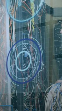 Animation of interface with data processing over caucasian male engineer working at server room. Computer interface and business data storage technology concept