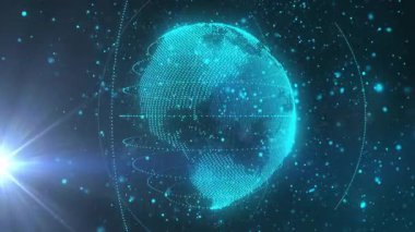 Belirsiz deniz mavisi şebekesi oluşumu küre oluşturmaya başlıyor. Veri ağını gösteren küre dönen parçacıklar. Dijital, fütüristik, soyut, teknoloji, bağlantı, hareket, evren