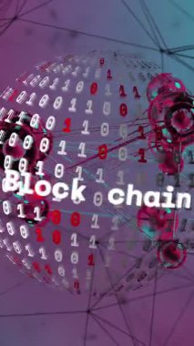 Blok zinciri metninin animasyonu, ikili kodlama küresi, mor gradyan üzerinde noktaları birleştirme. Küresel ağ ve iş teknolojisi kavramı