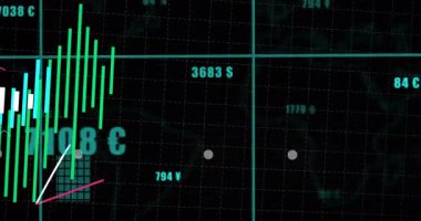 Şebeke yüklemesi başlatılıyor, büküm çubukları büyüyor, eğilimleri takip ediyor, ölçümleri gösteren etiketleri güncelliyor. Finans, veri görselleştirme, analitik, dijital gösterge paneli, yatırım, büyüme, teknoloji