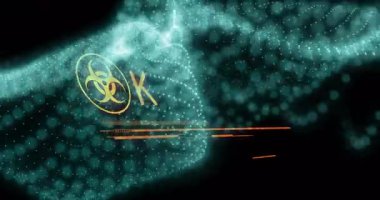 Turkuaz parçacık dalgası biyolojik tehlike simgesini paketliyor, HUD çubuklarını canlandırıyor ve acil durum metnini uyarılıyor. Gelecek, güvenlik, alarm, dijital, teknoloji, uyarı, tehlike