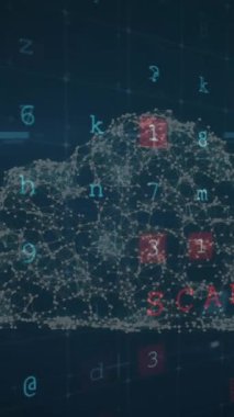 Veri işleme ile çevrimiçi güvenlik asma kilidi ve virüs uyarısı animasyonu. Dijital olarak oluşturulan küresel çevrimiçi güvenlik, iş, finans, bilgisayar ve veri işleme kavramı.