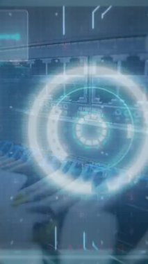 Animation of digital interface and data processing over server room. Global business, finances, data processing and digital interface concept digitally generated video.