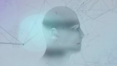 Çerçeve başı görüntüde kayboluyor, parmaklıklar arasında dönüyor ve teknolojide titreşim düğümleri atıyor. Fütürist, dijital, teknoloji, soyutlama, yenilik, siber, 3d