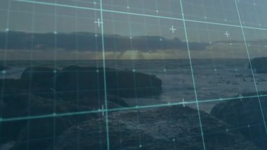 Gün batımında dalgalar kayaları üst üste bindirip kıyı sahnesini görselleştiriyor. Deniz manzarası, dijital soyutlama, fütüristik, atmosferik, doğal, görselleştirme, okyanussal