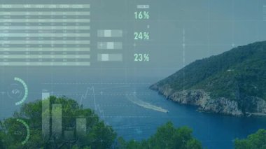 Analiz için ölçümler ve çizelgeler yapılırken sürat teknesinin suyu kesmesi gibi UI zayıflıyor. Futuristik, veri görselleştirme, denizcilik, navigasyon, teknoloji, analitik, manzara