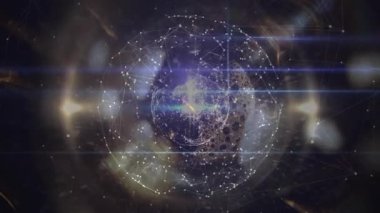 Bağlanabilirliği göstermek için yayılmış noktalar, dönen ve titreşen ağ küresini oluşturur. Teknoloji, bağlantı, yenilik, dijital, fütüristik, soyut, ağ