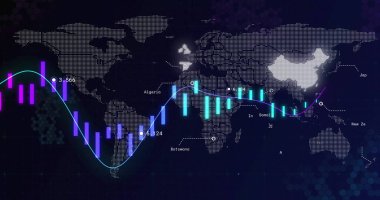 Puantiyeli dünya haritası, mor ve cyan bar grafiklerini, sayısal etiketlerle birlikte, karanlık ızgara arayüzünde gösteriyor. Teknoloji, veri, analiz, görselleştirme, arayüz, fütüristik, gösterge paneli