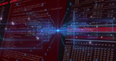 Merkezi parlayan düğümler, güvenlik arayüzü üzerinden kod satırları ve büyü çöplükleriyle veri yayıyor. Siber güvenlik, veri, şifreleme, dijital, teknoloji, arayüz, görselleştirme