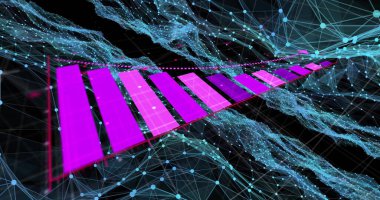 Gök mavisi düğümler ve noktalı çizgilerle koyu sanal veri alanında süzülen eflatun 3D çubuklar. Gelecek, veri, görselleştirme, dijital, soyut, siber uzay, teknoloji