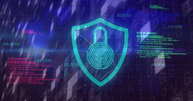 UI 'da yüzen numaralar ve yeşil kod blokları olan bir deniz mavisi ikonu parmak izi kilidi görülüyor. Siber güvenlik, dijital, teknoloji, arayüz, şifreleme, veri, koruma