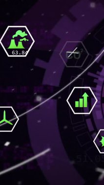 Ekolojik simgelerin animasyonu, dijital veri işleme alanı taraması. Dijital olarak oluşturulmuş küresel bağlantılar, hesaplama ve veri işleme kavramı.