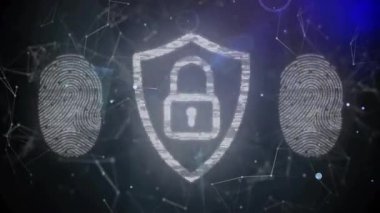 Sürüklenen kod parçaları küre oluşturarak kalkan kilit parmak izlerine karışıp veri topluyor. Siber uzay, güvenlik, şifreleme, koruma, dijital, fütüristik, yenilik