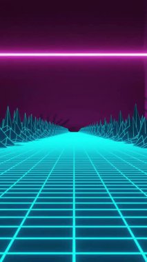 Kablo dağları ile neon ızgara manzarasının geçmişe dönük-gelecek animasyonu.