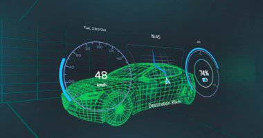 Simülasyonda yeşil kablo aracının hızlanması ve seyrüsefer rotası haritasını göstermek için yavaşlatılması başlatılır. Gelecekçi, otomotiv, teknoloji, dijital, simülasyon, yenilik, arayüz