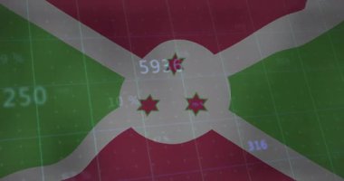 Her saniye, Burundi bayrak grafiğinde güncelleme ve solma canlı verileri temsil ediyor. Ulusal amblem, dijital ekran, modern bilgi, veri görselleştirme, vatansever tasarım, animasyon grafikler, teknoloji