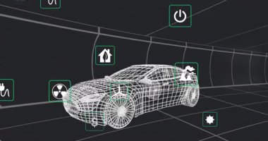 Şebeke tünelinde kablo sedan açılıyor, yüzen simgeler enerji emisyonlarını gösteriyor. Elektrik, sürdürülebilir, fütüristik, çevre dostu, yenilik, görselleştirme, dijital