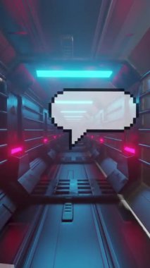 Arka plandaki fütüristik tünel üzerinde mesaj kutuları ve merceklerin canlandırılması. Dijital olarak oluşturulmuş, hologram, illüstrasyon, konuşma balonu, bildirim ve teknoloji kavramı.