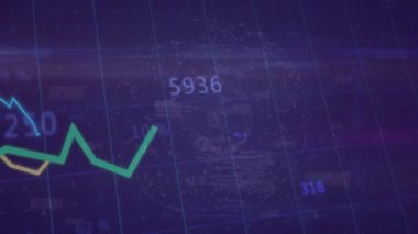 Parıldayan sayısal yeşil çizgi, yer değiştiren ölçümleri gösteren mavi çizgilerde yükselmeye başlıyor. Teknoloji, analitik, yenilik, arayüz, görselleştirme, dijital, fütürist