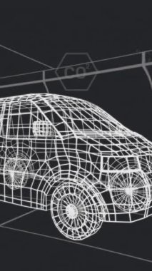 Animation of 3d car with multiple icons and programming language moving on black background. Digitally generated, multiple exposure, electric, transport, hybrid, recycling, sustainable, futuristic.