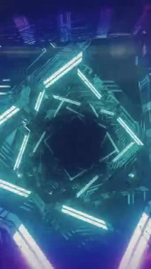 Aydınlatılmış üçgen şekillerin döngü içinde dönmesinin animasyonu. Dijital olarak üretilen, illüstrasyon, hologram, soyut, sanat, tasarım ve teknoloji kavramı.