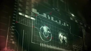 Başlangıçta, UI çubukları titreşen küreye doğru çizerken dönerek veri ve dalga biçimini gösterir. Teknoloji, analitik, yenilik, veri görselleştirme, fütüristik, siber, dijital arayüz