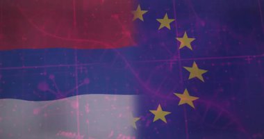 Başlangıçta, Rus ya da AB bayrakları dijital bağlantıyı gösteren titreşimli devre grafikleriyle dalgalanıyor. Teknoloji, dijital, bağlantı, yenilik, siber, sibernetik, iletişim