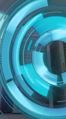 Animation of scope scanning and data processing over server room. Global technology, computing and digital interface concept digitally generated video.