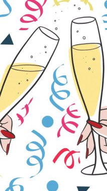 Beyaz arka planda şampanya bardakları tutan iki kadın eli canlandırması. parti ve kutlama konsepti dijital olarak oluşturulmuş video.