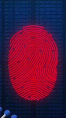 Donanma arka planında DNA, parmak izi taraması ve veri işleme animasyonu. küresel internet güvenliği, veri işleme, bağlantılar ve dijital arayüz konsepti dijital olarak oluşturulmuş video.