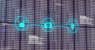 Sayılı gösterge panelinde üç bağlı asma kilit kasası ve kalkan simgeleri gösteriliyor. Siber güvenlik, veri koruması, dijital güvenlik, ağ savunması, teknolojik yenilik, bilgi bütünlüğü, geleceksel tasarım