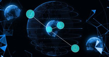 Merkezi noktalı küreyi, siber uzayda, göktaşı profil simgelerine ve daha küçük kürelere, kırışıklıklarla bağlıyorum. Dijital, bağlantı, fütüristik, teknoloji, siber uzay, ağ, veri