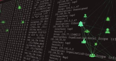 Karanlık UI üzerinde parlayan neon grafik simgeleri, loglar, çan, baş parmaklar ve kullanıcı siluetleri, kopyalama alanı. Futuristik, teknoloji, veri, görselleştirme, arayüz, dijital, ağ