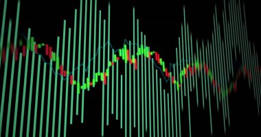 Koyu renk ekranda histogram ve şamdan grafiği gösteriliyor, deniz mavisi çubukları ve mavi çizgi grafiği ile. Finansal, analitik, veri, dijital, görselleştirme, teknoloji, yatırım