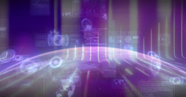 Sanal arayüzde süzülen holografik Dünya yarıküresi paneller ve ışık demetleriyle görüntüleniyor. Gelecek, teknoloji, görselleştirme, veri, siber alan, arayüz, dijital