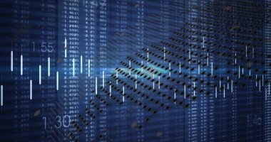 Finans panelinde şamdan çubuklarını borsa rakamlarıyla kaplayan noktalı dünya haritası gösteriliyor. Veri görselleştirme, finansal analizler, dijital arayüz, teknoloji, ticari zeka, yatırım, mali büyüme