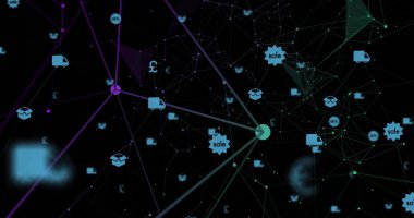 Karanlık uzayda dijital ağ grafiği gösteriliyor, kamyon, kutu, pound ve satış rozeti simgeleriyle. Gelecek, teknoloji, bağlantı, dijital, veri, lojistik, soyut