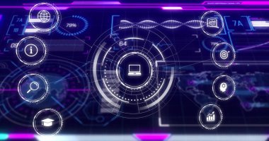 Sanal kontrol panelinde dönen merkezi dizüstü bilgisayar simgesi, neon veri halkalarıyla gösteriliyor. Fütürist, dijital, arayüz, teknoloji, artırılmış, sürükleyici, ui