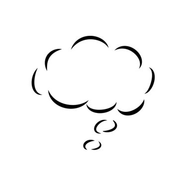 Üç baloncuklu siyah, kalın çizgi düşünce balonu düz dizaynlı beyaz üzerinde yüzüyor. Soyut, minimalizm, iletişim, yaratıcılık, illüstrasyon, tasarım, görsel metafor