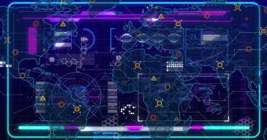 Stilize edilmiş holografik dünya haritası, altıgen ızgara ve DNA dalga formu ile dijital HUD 'de titreşimli. Fütürist, dijital, arayüz, görselleştirme, teknoloji, veri, neon