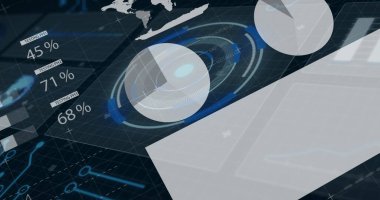 Sanal gösterge panelinde yüzen üç boyutlu küresel grafik, konsantrasyon halkaları ve yüzde etiketleri ile dönüyor. Gelecek, teknoloji, arayüz, veri, görselleştirme, siber, dijital