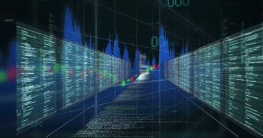 Veri koridorunun genişletilmesi sanal tünelde kod panelleri, şamdan çubukları ve dalga formlarıyla geri çekiliyor. Dijital, geleceksel, teknoloji, veri görselleştirme, siber güvenlik, analitik, sanal