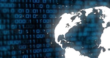 Siber uzayda mavi ikili kod üzerinden noktalı ağı gösteren beyaz biçimlendirilmiş küre gösteriliyor, boşluğu kopyala. Teknoloji, yenilik, bağlantı, siber alan, dijital, ağ, fütürist