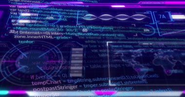 AR ekranında kodları gösteren fütüristik holografik arayüz gösteriliyor, göstergeler ve dünya haritası ile. Fütürist, holografik, arayüz, dijital, ui, neon, teknoloji